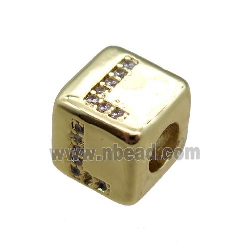 copper cube letter-L beads pave zircon, gold plated