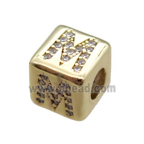 copper cube letter-M beads pave zircon, gold plated