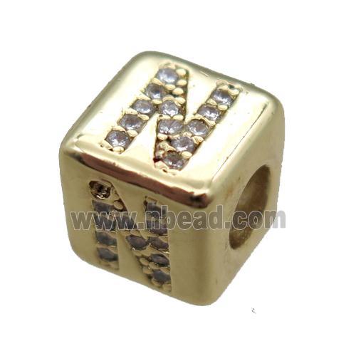 copper cube letter-N beads pave zircon, gold plated