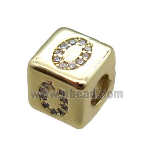 copper cube letter-O beads pave zircon, gold plated