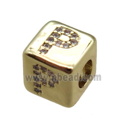 copper cube letter-P beads pave zircon, gold plated