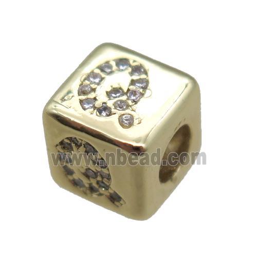copper cube letter-Q beads pave zircon, gold plated