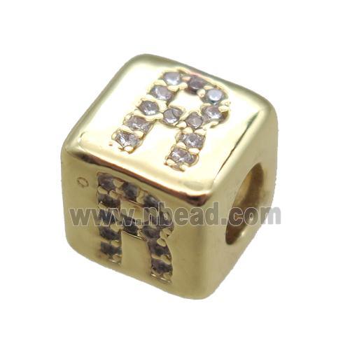 copper cube letter-R beads pave zircon, gold plated