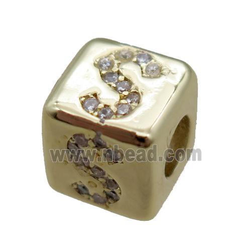 copper cube letter-S beads pave zircon, gold plated