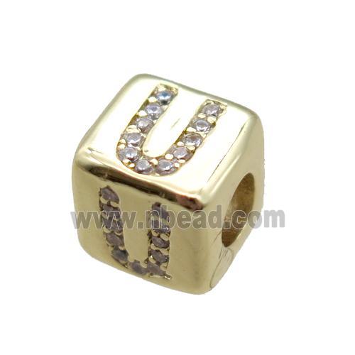 copper cube letter-U beads pave zircon, gold plated