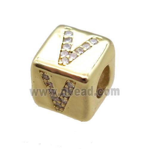 copper cube letter-V beads pave zircon, gold plated