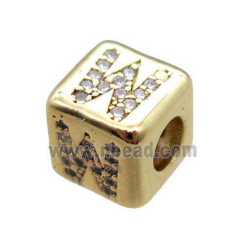 copper cube letter-W beads pave zircon, gold plated