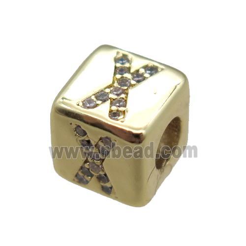 copper cube letter-X beads pave zircon, gold plated