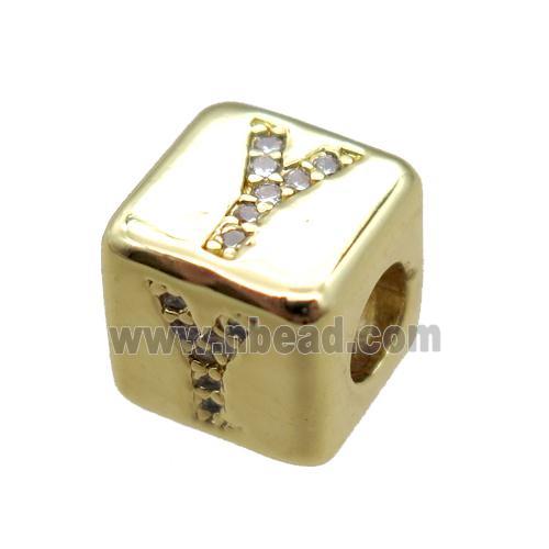 copper cube letter-Y beads pave zircon, gold plated