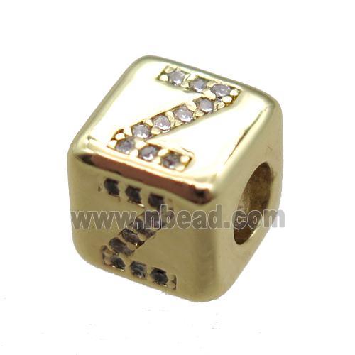 copper cube letter-Z beads pave zircon, gold plated