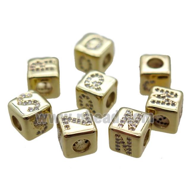 copper cube letter beads pzve zircon, mixed alphabet, large hole, gold plated
