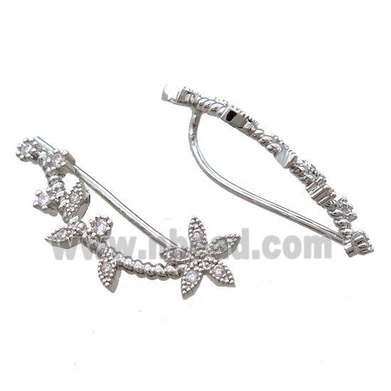 copper hook Earring paved zircon, flower, platinum plated