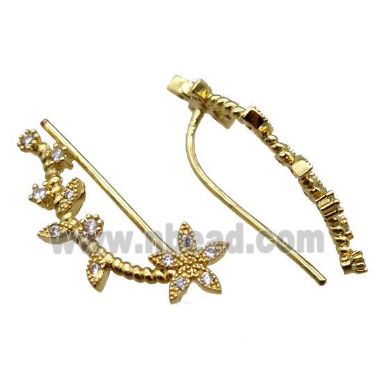 copper hook Earring paved zircon, flower, gold plated