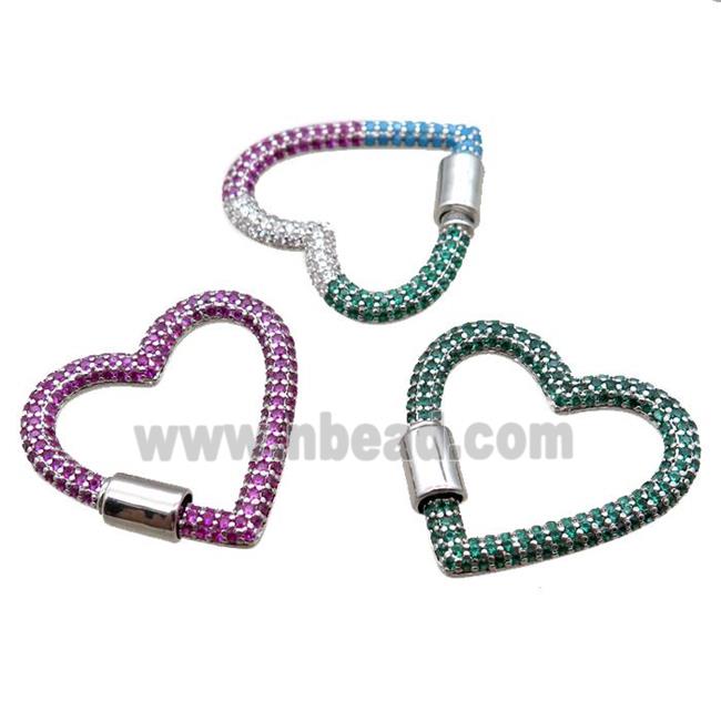 copper heart carabiner lock pendant paved zircon, screw, platinum plated, mixed color