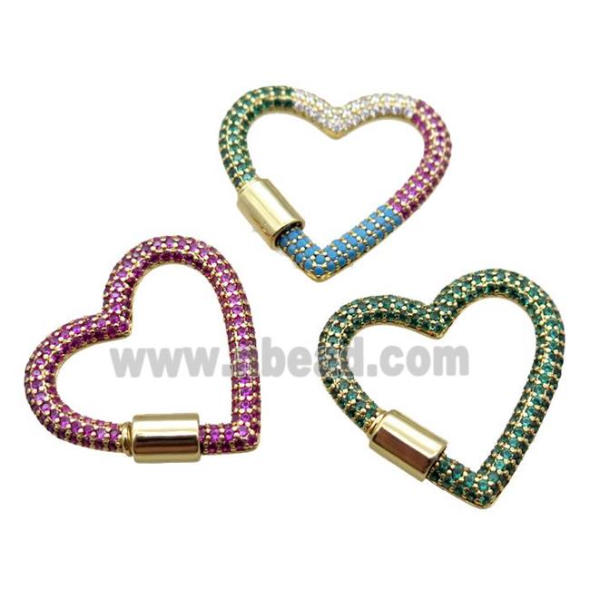 copper heart carabiner lock pendant paved zircon, screw, gold plated, mixed