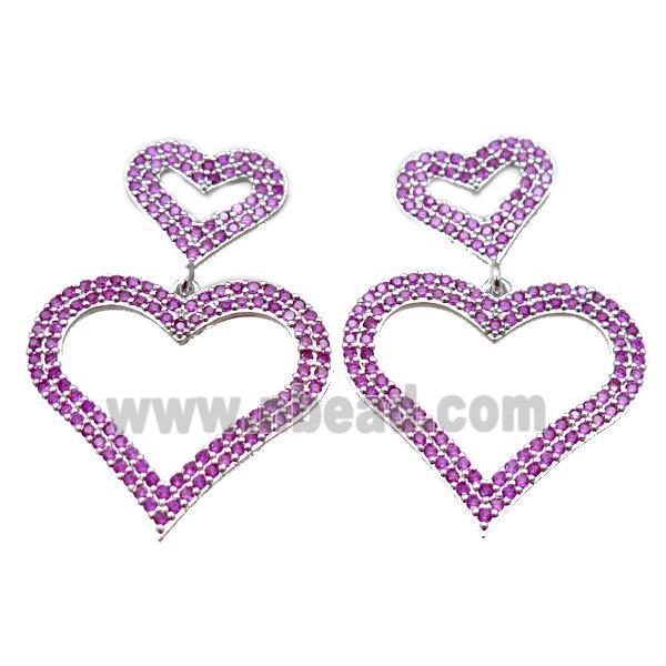 copper stud Earrings pave zircon, heart, platinum plated