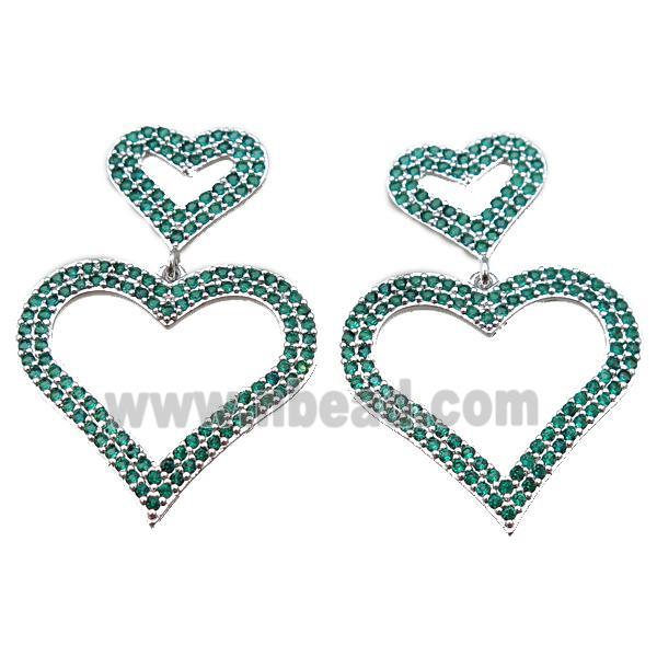 copper stud Earrings pave zircon, heart, platinum plated