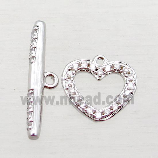 copper toggle clasp paved zircon, heart, platinum plated
