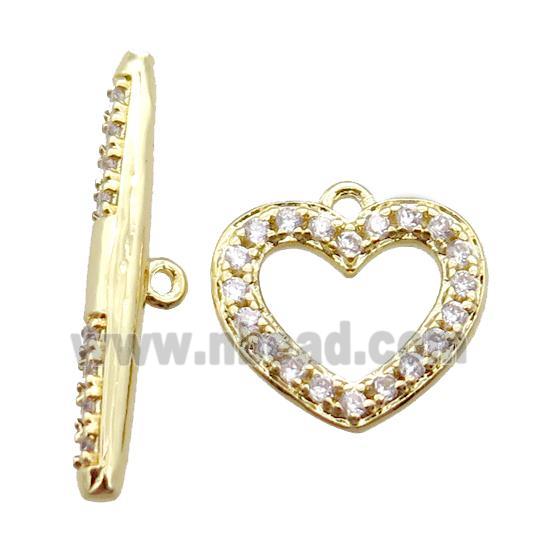 copper toggle clasp paved zircon, heart, gold plated