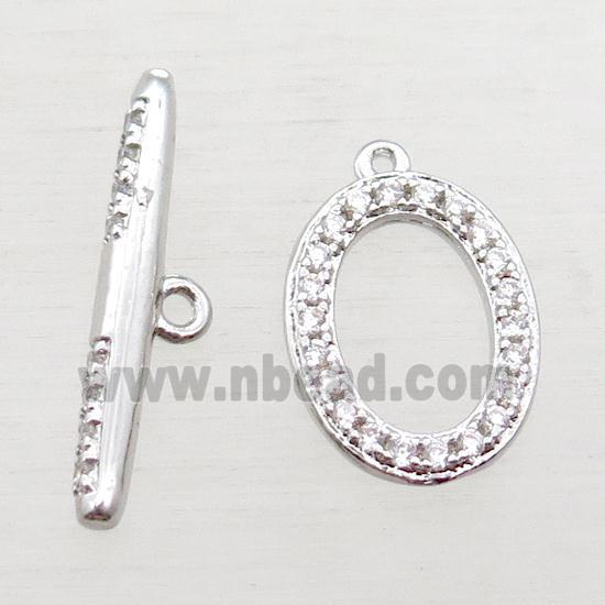 copper toggle clasp paved zircon, oval, platinum plated