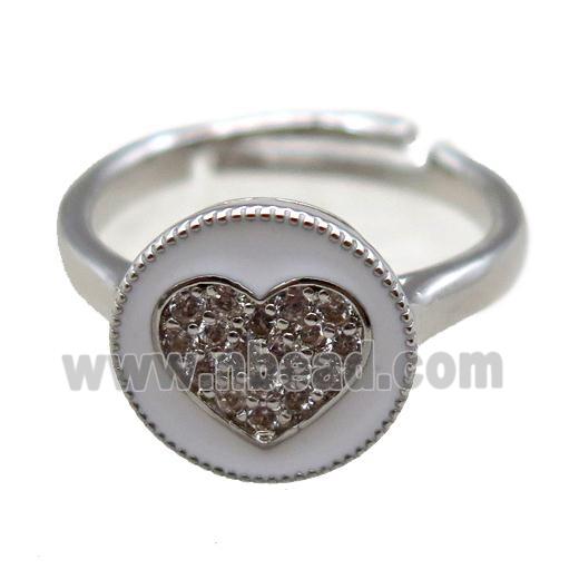 copper Ring pave zircon, enameling, heart, platinum plated