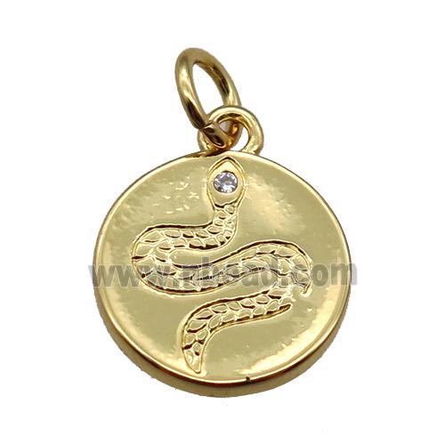 copper circle pendant paved zircon, snake, gold plated