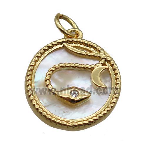 Copper Circle Pendant Pave Shell Snake Gold Plated
