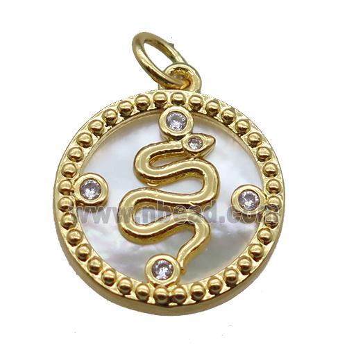 copper circle pendant paved zircon, snake, shell backing, gold plated