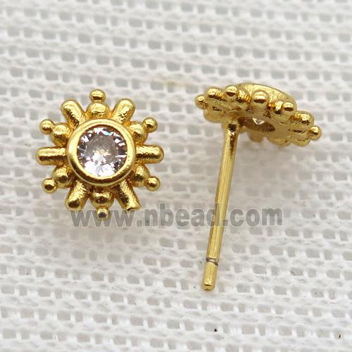 copper stud Earrings pave zircon, gold plated