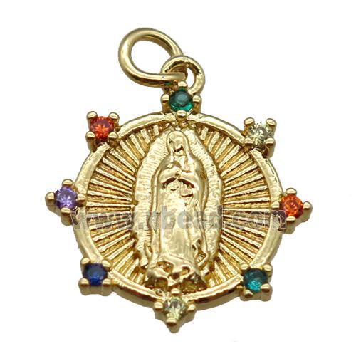 copper religious pendant paved zircon, Virgin Mary, gold plated
