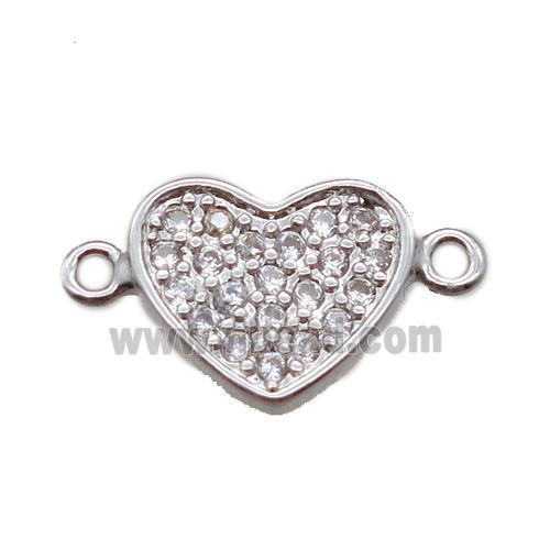 copper heart connector paved zircon, platinum plated
