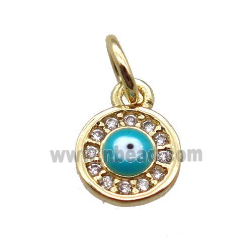 copper circle pendant paved zircon with evil eye, gold plated