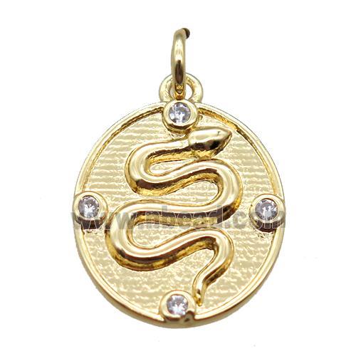 copper oval pendant paved zircon, snake, gold plated
