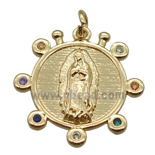 copper circle pendant paved zircon, Virgin Mary, gold plated