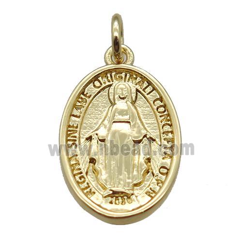 copper oval pendant, Virgin Mary, gold plated