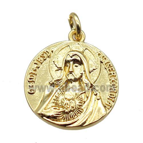 copper circle pendant, Jesus, gold plated