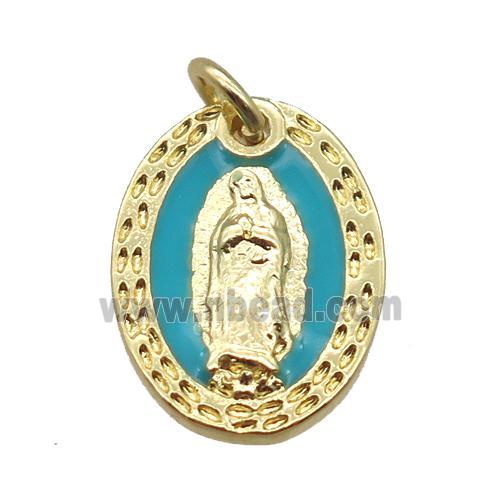 copper oval pendant, Virgin Mary, gold plated