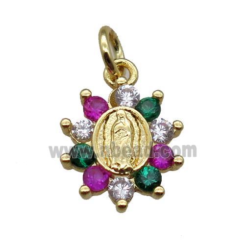 copper flower pendant paved zircon with Virgin Mary, gold plated
