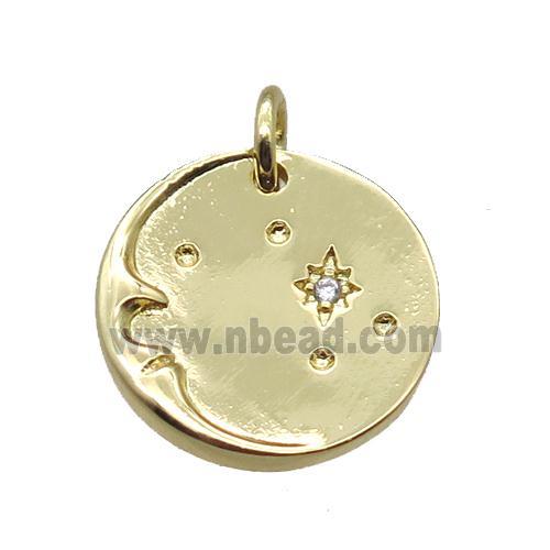 copper circle moon pendant paved zircon with star, gold plated