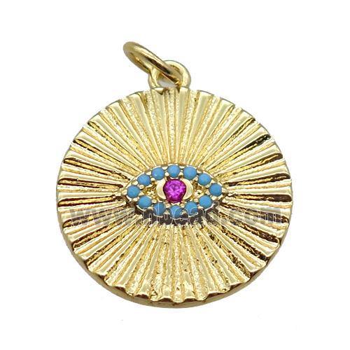 copper circle pendant paved zircon with eye, gold plated