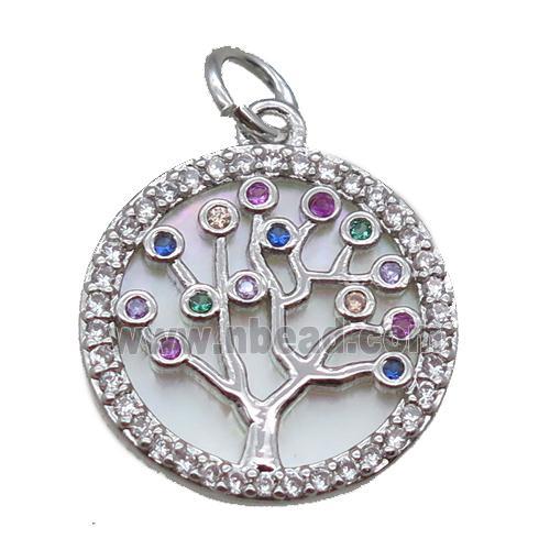 copper circle pendant paved zircon, tree of life, shell backing, platinum plated