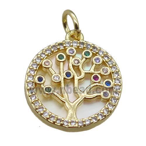 copper circle pendant paved zircon, tree of life, shell backing, gold plated