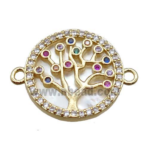 copper circle connector paved zircon, tree of life, shell backing, gold plated