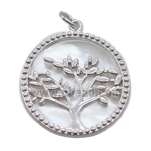 copper circle pendant, tree of life, shell backing, platinum plated