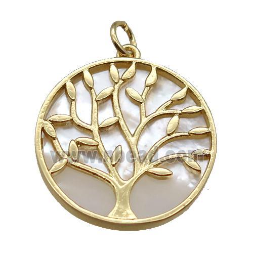 copper circle pendant, tree of life, shell backing, gold plated