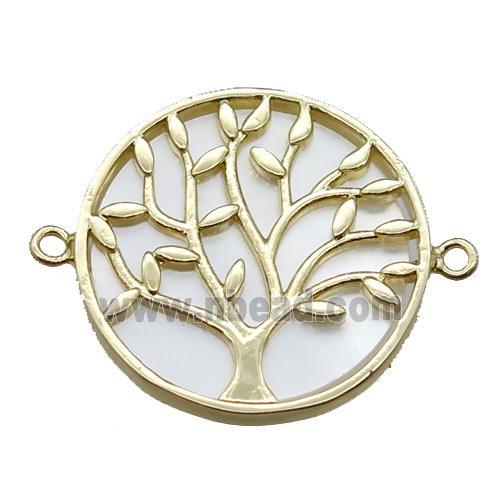 copper circle connector, tree of life, shell backing, gold plated