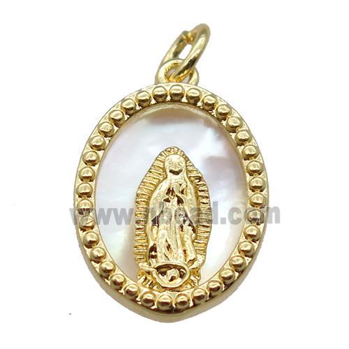 copper oval pendant with Virgin Mary, shell backing, gold plated