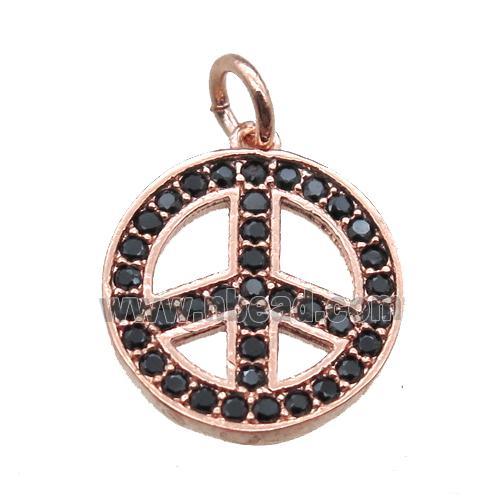 copper peace sign pendant paved zircon, rose gold
