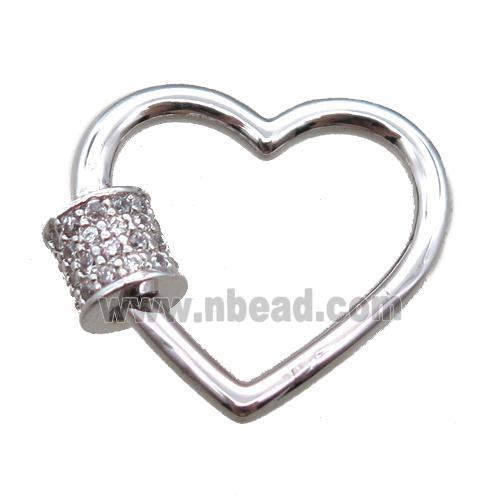 copper heart carabiner lock pendant paved zircon, platinum plated