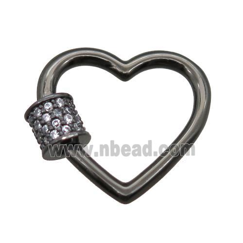 copper heart carabiner lock pendant paved zircon, screw, black gunmetal plated